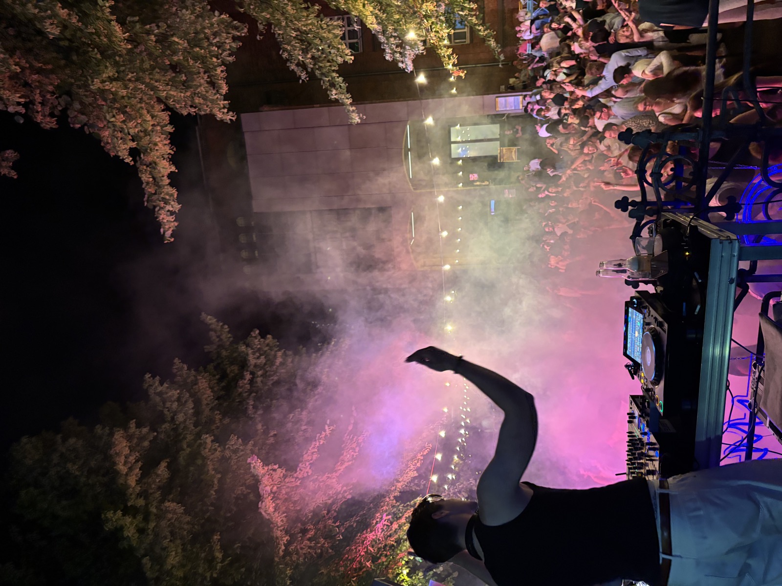 DJ vor tanzender Menge bei einer SOL Open-Air-Party in Hannover mit Nebel und pinkem Licht